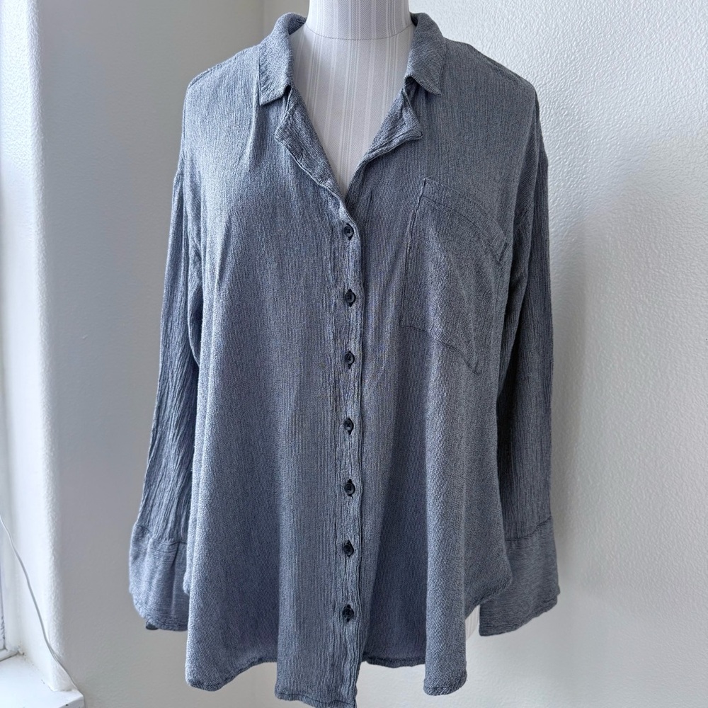 Free People Grey Blue Magic Breeze Button down Blouse Longsleeve Oversized Gauze - Picture 2 of 16